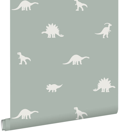 ESTAhome behang dinosaurussen vergrijsd mintgroen - 53 cm x 10.05 m - 139284