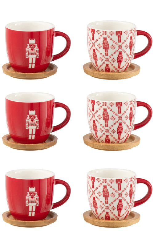 J-Line koffietas + schoteltje Notenkraker - bambou/keramiek - rood - giftbox van 6