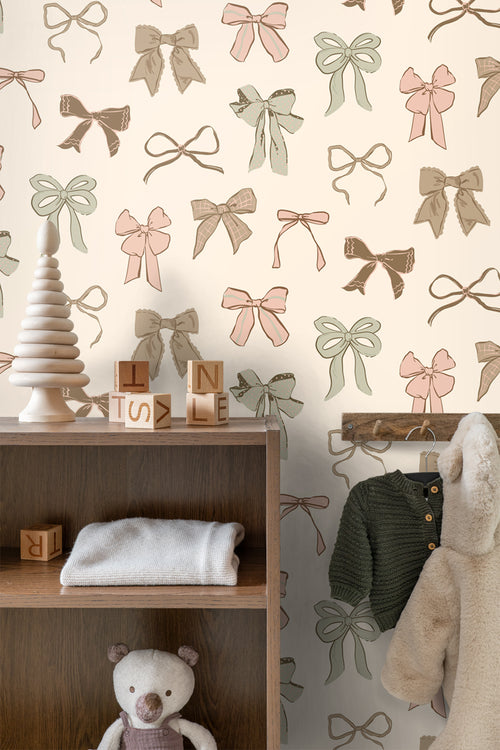 ESTAhome behang strikjes groen, roze en bruin - 50 x 900 cm - 131469