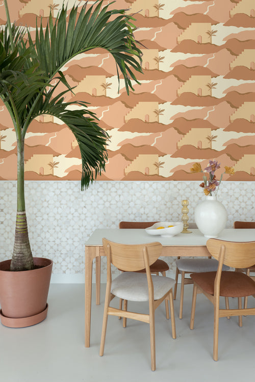 ESTAhome behang mediterrane huisjes beige en terracotta roze - 50 x 900 cm - 139625 - vtwonen shop