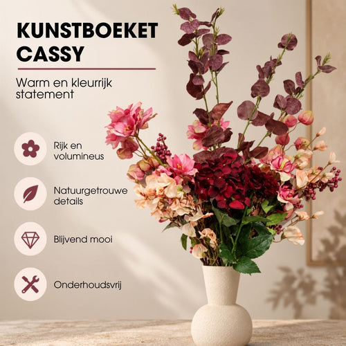 Mica Decorations Cassy Boeket Roze met 18 Stelen - Kunstboeket van Polyester in Roze en Bordeaux Tinten - Bloemenboeket voor Vaas of Dressoir - Lengte