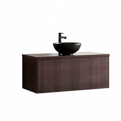 LOMAZOO badkamermeubel Messina - geribbeld - zwevend - opbouw - zwarte waskom - walnoot - 100 cm