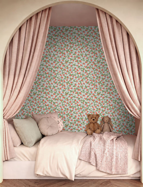 ESTAhome behang aardbeien blauw, groen en rood - 50 x 900 cm - 132173