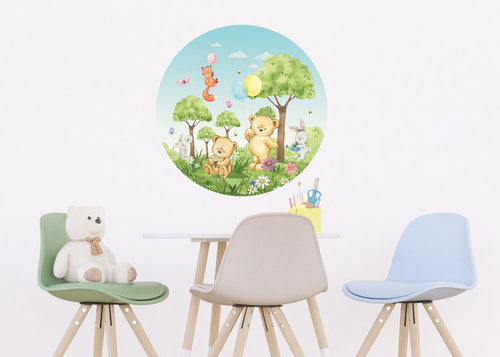 Sanders & Sanders zelfklevende behangcirkel bos met bosdieren groen en blauw - Ø 70 cm - 601291