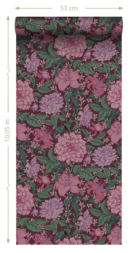 ESTAhome behang vintage bloemen fuchsia roze, paars en groen - 50 x 900 cm - 131128 - vtwonen shop