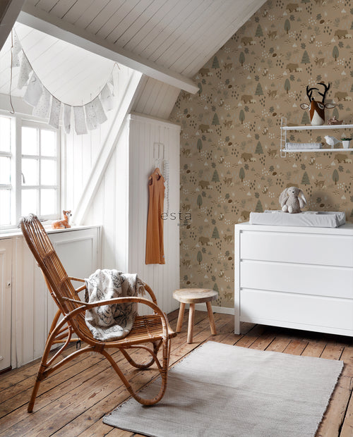ESTAhome behang bos met bosdieren beige bruin - 53 cm x 10.05 m - 139410