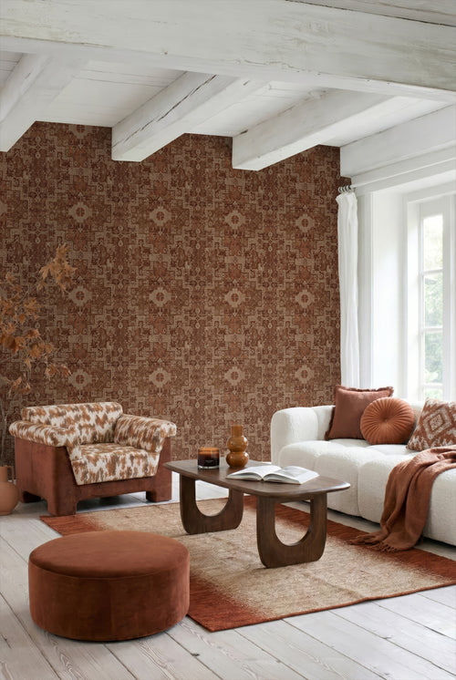ESTAhome behang oosters kelim tapijt oranje bruin - 50 x 900 cm - 131361