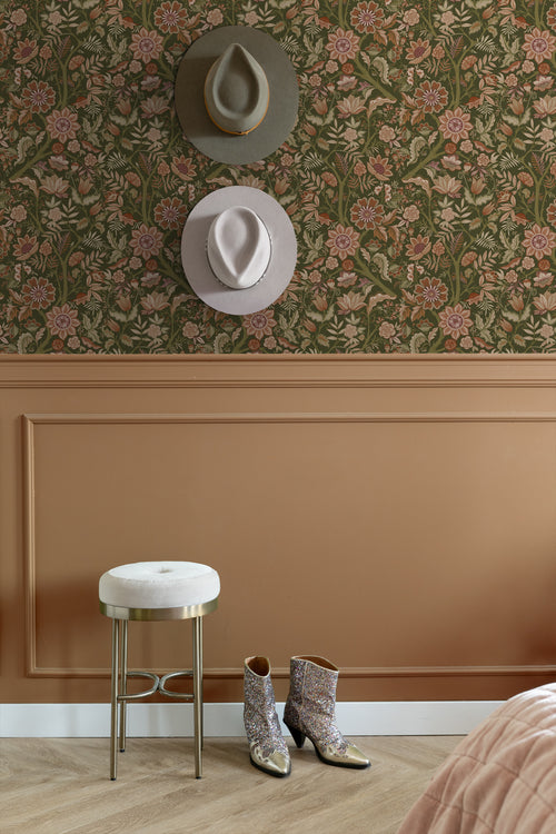 ESTAhome behang vintage bloemen donkergroen en terracotta bruin - 53 cm x 10.05 m - 131334