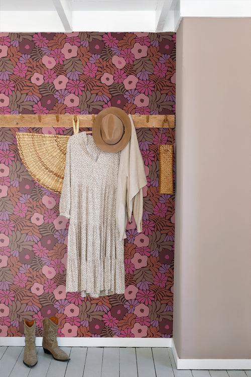 ESTAhome behang bloemen in Matisse stijl roze, paars en terracotta - 50 x 900 cm - 131136 - vtwonen shop