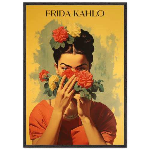 Artfulprints Poster met Lijst Frida Kahlo - Behind the bloom   - 70x100 cm - Geel