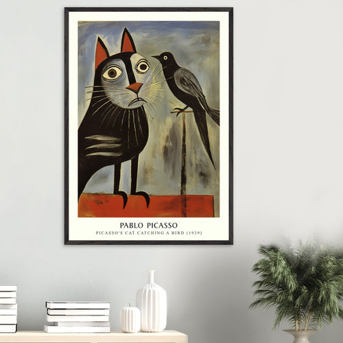 Artfulprints Poster met Lijst Pablo Picasso - Picasso's cat catching a bird   - 70x100 cm - Grijs