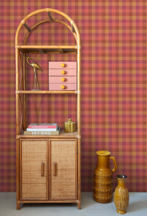ESTAhome behang ruiten roze, paars en bruin - 50 x 900 cm - 132064
