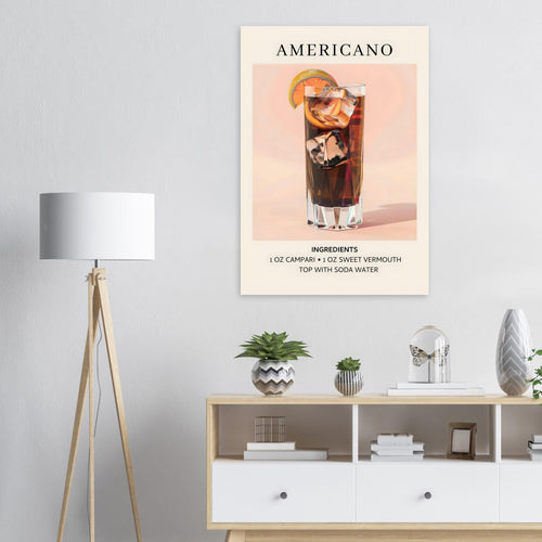 Artfulprints Poster met Lijst Americano cocktail - Ingrediënten   - A4 21x29.7 cm - Roze