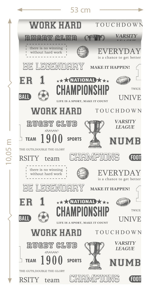 ESTAhome behang sportquotes zwart op gebroken wit - 53 cm x 10.05 m - 128817