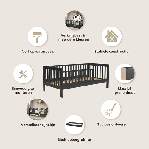 Petite Amélie Peuterbed Plume – 70x140 cm – Zwart – Met uitvalbescherming – Flexibel zijhekje - vtwonen shop