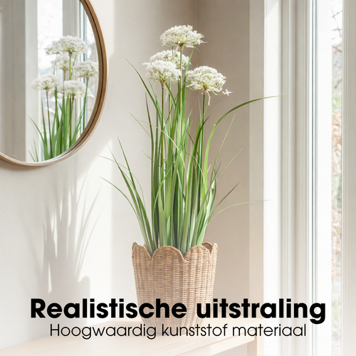 Mica Decorations Engelwortel – Kunstgras in Pot – Realistische Nepplant Woondecoratie – Kunstplanten voor Binnen en Buiten – H90 x Ø25 cm – Groen, Wit