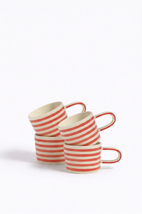 vtwonen - Mokken - Strepen - Rood - Keramiek - 350ml - Set van 4
