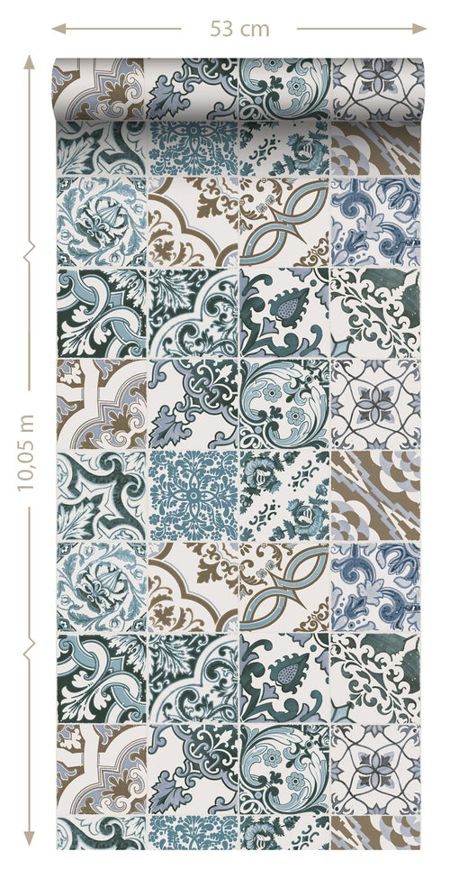 ESTAhome behang tegelmotief blauw en beige - 50 x 900 cm - 139290 - vtwonen shop