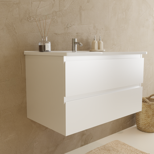 LOMAZOO badmeubelset Verona - met hoge kast & witte wastafel - glanzend wit - 80 cm