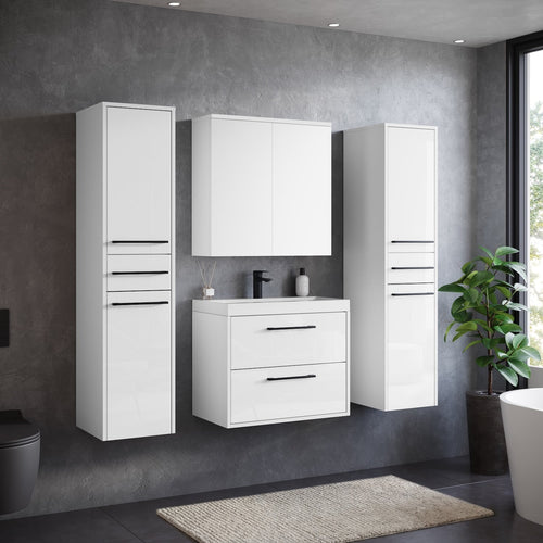 Badplaats Badkamermeubel Set Florence 60 cm XL – Hoogglans Wit – Hangend Badmeubel met Wastafel, Spiegelkast en Zijkasten