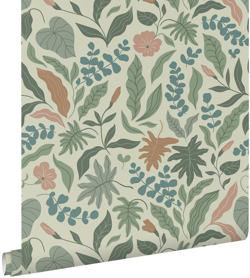 ESTAhome behang bladeren en bloemen donkergroen, blauw en roze - 50 x 900 cm - 131053 - vtwonen shop