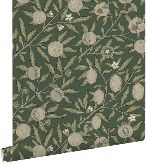 ESTAhome behang exotisch fruit en bladeren donkergroen en taupe - 50 x 900 cm - 131174 - vtwonen shop
