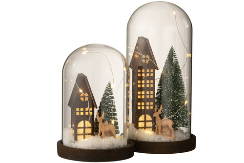 J-Line decoratie Stolp Huis Kerst - glas/hout - bruin/groen - large - LED lichtjes - vtwonen shop