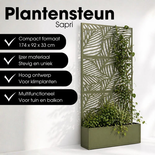 Mica Decorations Sapri Plantensteun - Plantenbak met Klimrek voor Klimplanten - Plantenstandaard Vrijstaand of tegen Muur - 92 x 33 x 174 cm - Groen