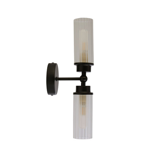 Searchlight Imperial 2-lichts wandlamp, matzwart metaal en helder geribbeld glas