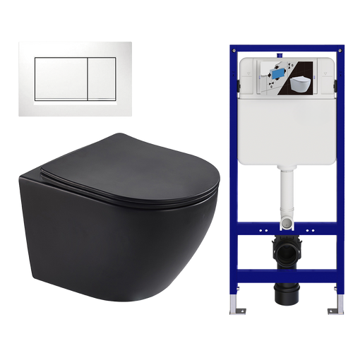 LOMAZOO hangtoiletset Linea - met inbouwreservoir & vierkante drukplaat - rond - wit / zwart