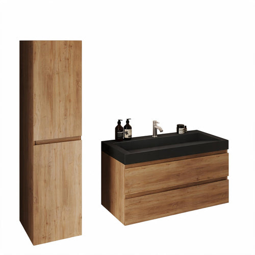 LOMAZOO badmeubelset Azuro - met kolomkast & zwarte wastafel - warm eiken - 100 cm