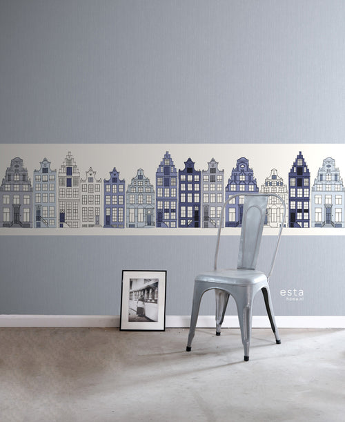 ESTAhome XXL behangrand Amsterdamse huizen blauw - 430 x 50 cm - 157713