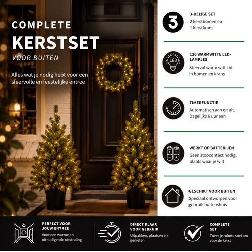 Black Box Trees Nagoya Kerstboom en Kerstkrans Set - 2 Kunstkerstbomen en 1 Krans met LED Verlichting - H90 x Ø45 cm - Groen