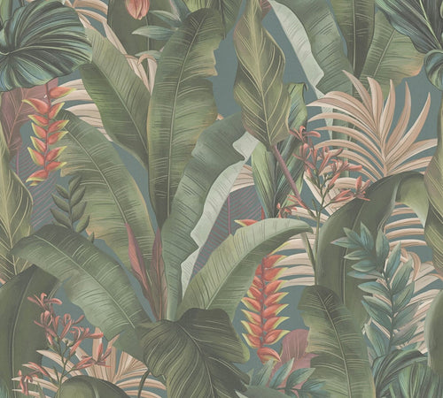 Livingwalls behang tropische bladeren blauw, petrolblauw, groen, beige en rood - 53 cm x 10.05 m - AS-394352