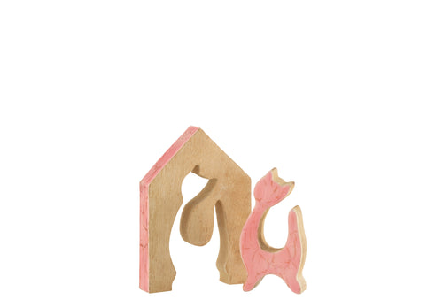 J-Line decoratie Huis Kat - hout - roze/naturel - medium