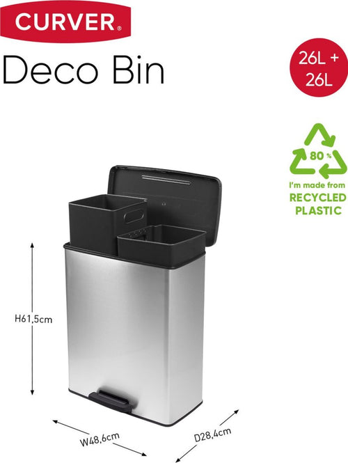 Curver Decobin Duo Prullenbak - 26L+26L - Rechthoekig - Zilver Metallic - vtwonen shop