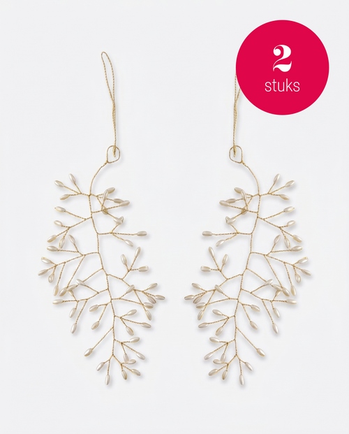 vtwonen - Kerstornamenten Leaf Pearl - Metaal - Goud - 20 x 10 cm - Set van 2