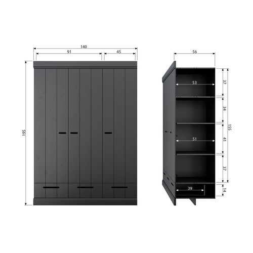 WOOOD kast 3-deurs met lade Connect - Grenen - Zwart - 195x140x53 - vtwonen shop