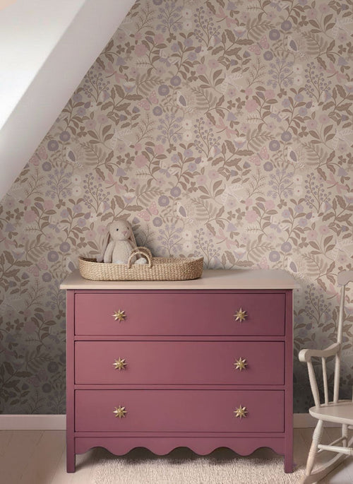 ESTAhome behang bloemen en vogels taupe en lila paars - 50 x 900 cm - 132231