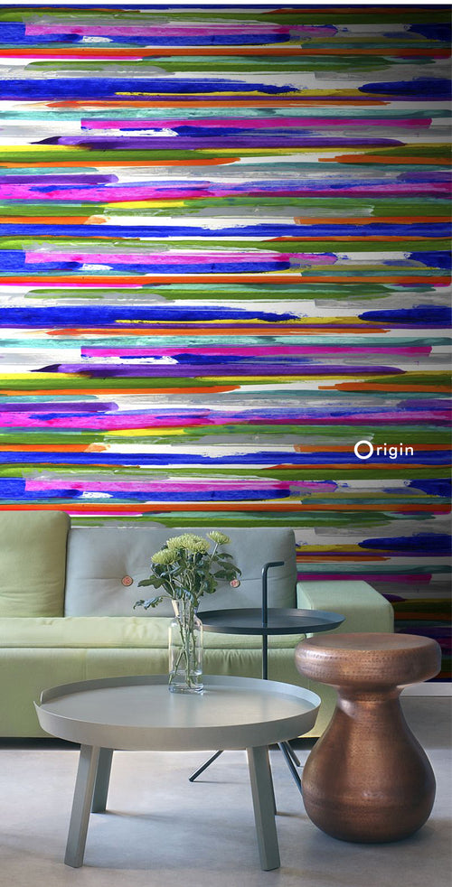 Origin fotobehang geschilderde strepen paars, roze, blauw, geel en groen - 200 x 279 cm - 357204