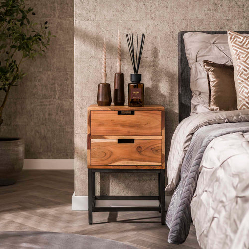 Giga Meubel Nachtkastje Flat - Naturel Acaciahout - 2 Lades - 40x30x60cm