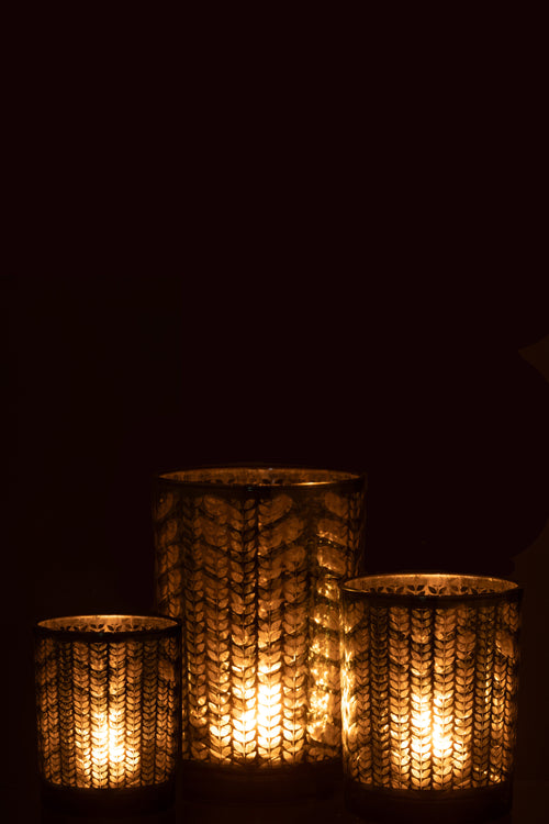 J-Line windlicht Visgraat - glas - groen/zilver - large