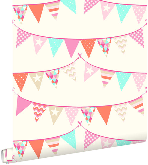 ESTAhome behang vlaggetjes roze, turquoise en koraal rood - 53 cm x 10.05 m - 138718