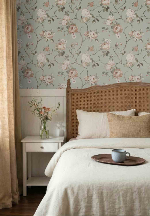 ESTAhome behang vintage bloemen vergrijsd mintgroen en zacht roze - 53 cm x 10.05 m - 139291