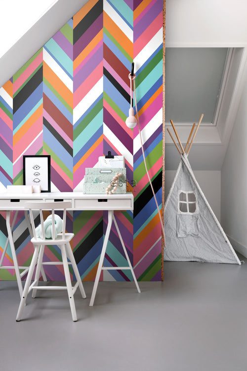 ESTAhome XXL behang zigzag motief groen, roze, paars en blauw - 50 x 900 cm - 158912
