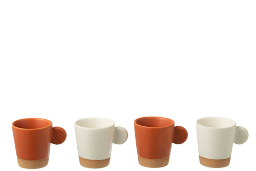 J-Line kopje Met Oor + Bamboubasis - keramiek - wit/oranje - doos van 4
