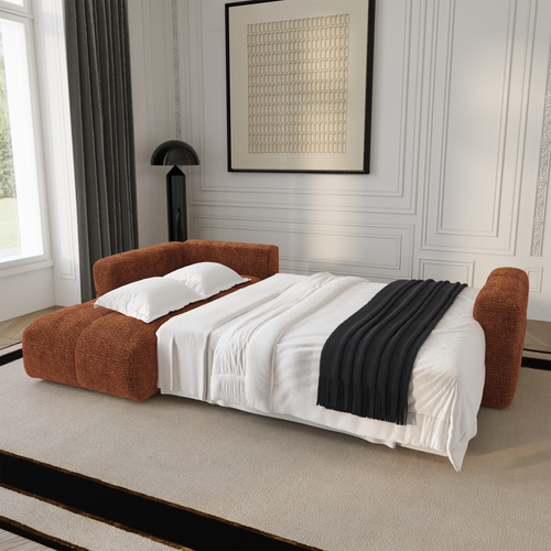 Premium Interiors - Linkshoekbank met slaapfunctie en opbergruimte VIBE - zacht aanvoelende geweven stof terracotta 286cm