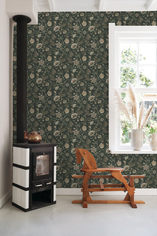 ESTAhome behang vintage bloemen zwart en groen - 53 cm x 10.05 m - 139417