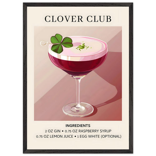 Artfulprints Poster met Lijst Clover Club cocktail - Ingrediënten   - 50x70 cm - Roze