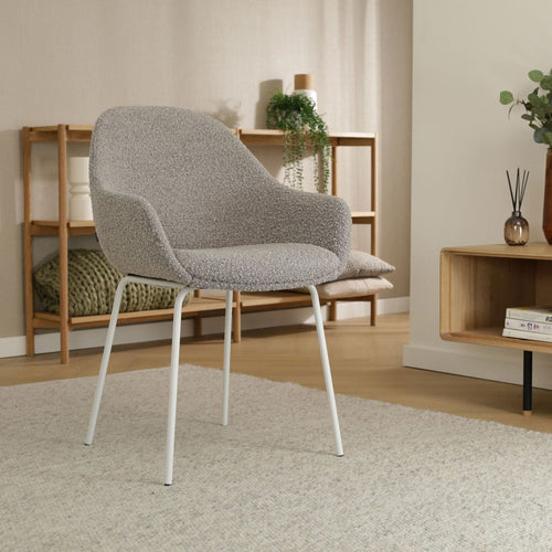 Nolon Nora-Mae Eetkamerstoel Bouclé Taupe - Armleuning - Witte Poten